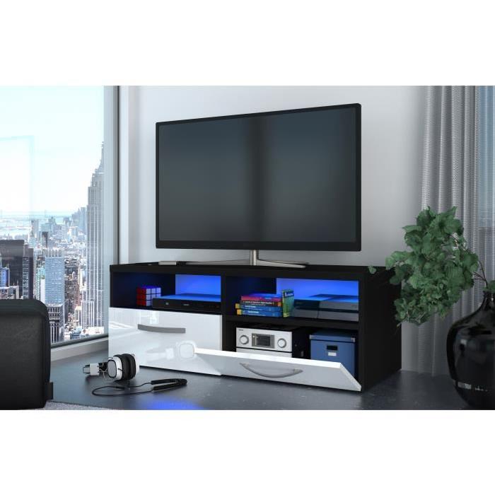 KOSMO Meuble TV contemporain poignées en aluminium avec LED noir haute brillance - L 97 cm