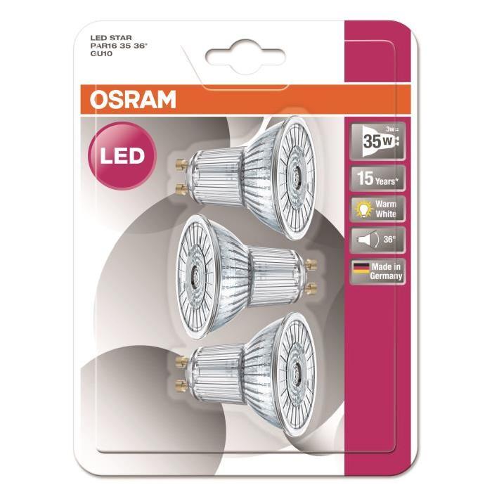 OSRAM Lot de 3 Ampoules Spots LED PAR16 GU10 2,6 W équivalent a 35 W blanc chaud