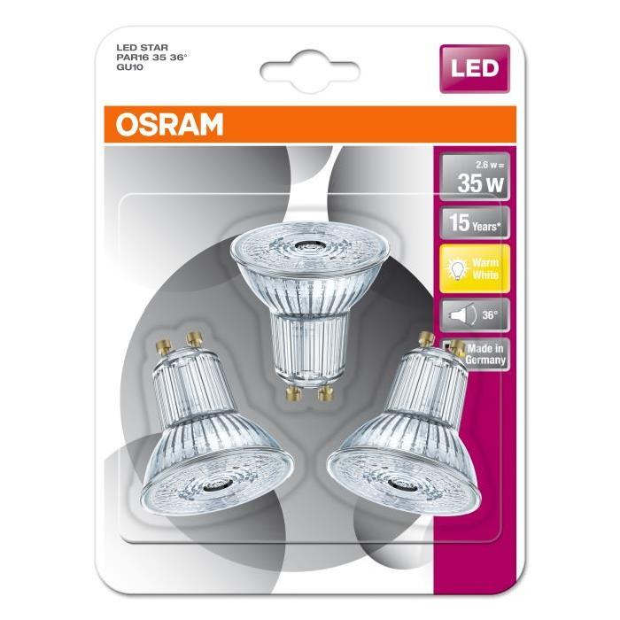 OSRAM Lot de 3 Ampoules Spots LED PAR16 GU10 2,6 W équivalent a 35 W blanc chaud