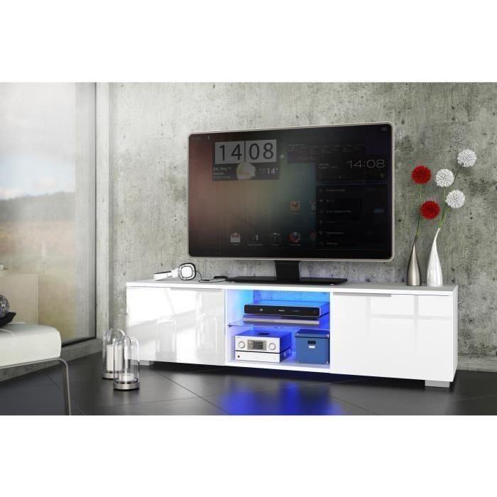 STUDIO Meuble TV contemporain poignées en aluminium avec LED blanc haute brillance - L 140 cm