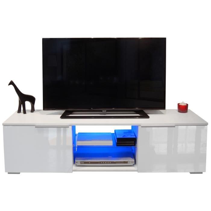 STUDIO Meuble TV contemporain poignées en aluminium avec LED blanc haute brillance - L 140 cm