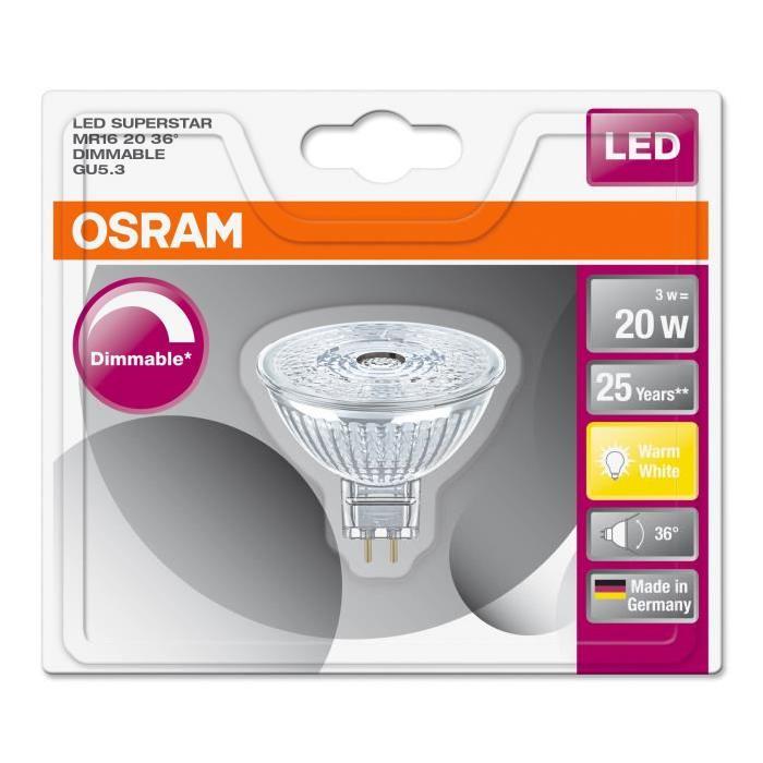 OSRAM Ampoule Spot LED MR16 GU5,3 3 W équivalent a 20 W blanc chaud dimmable