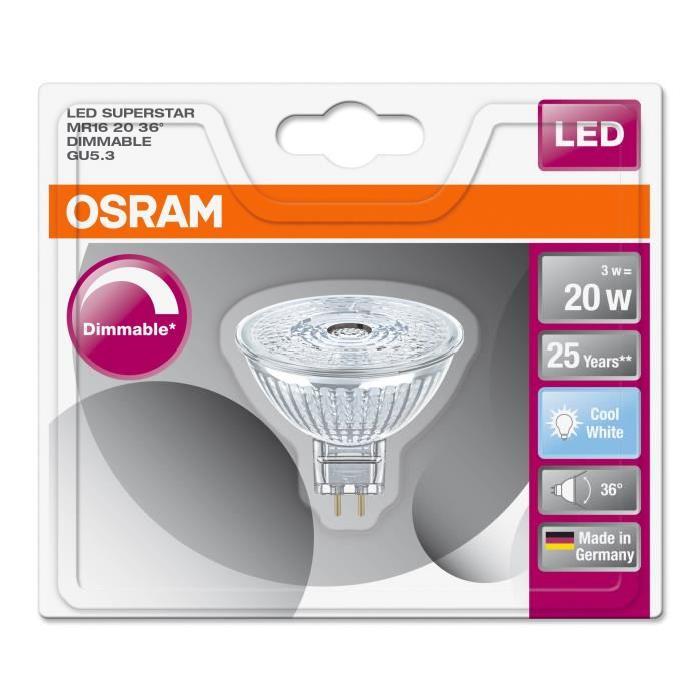 OSRAM Ampoule Spot LED MR16 GU5,3 3 W équivalent a 20 W blanc froid dimmable