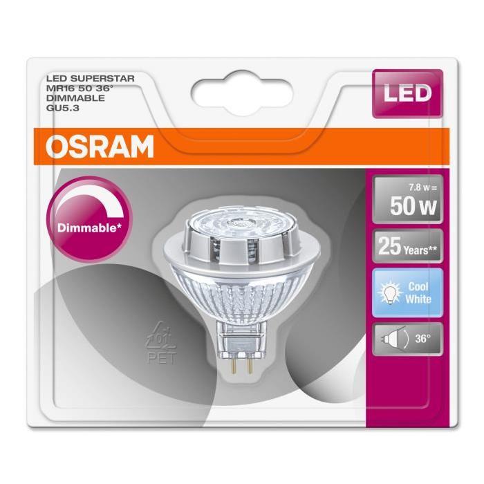 OSRAM Ampoule Spot LED MR16 GU5,3 7,8 W équivalent a 50 W blanc froid dimmable