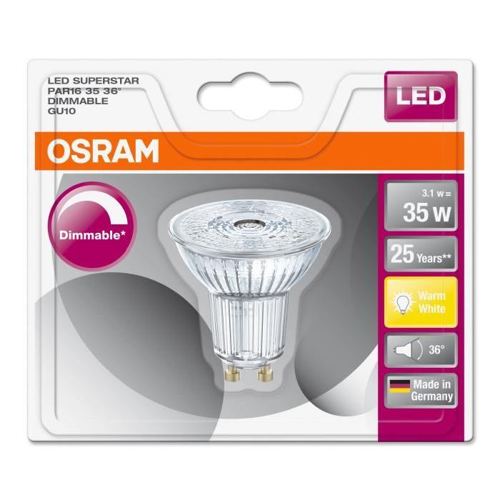 OSRAM Ampoule Spot LED PAR16 GU10 3,1 W équivalent a 35 W blanc chaud dimmable