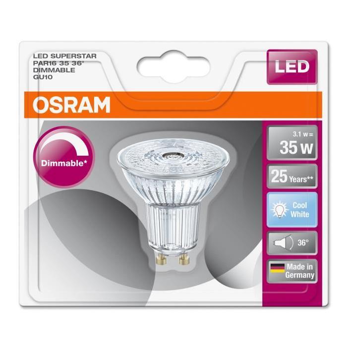 OSRAM Ampoule Spot LED PAR16 GU10 3,1 W équivalent a 35 W blanc froid dimmable