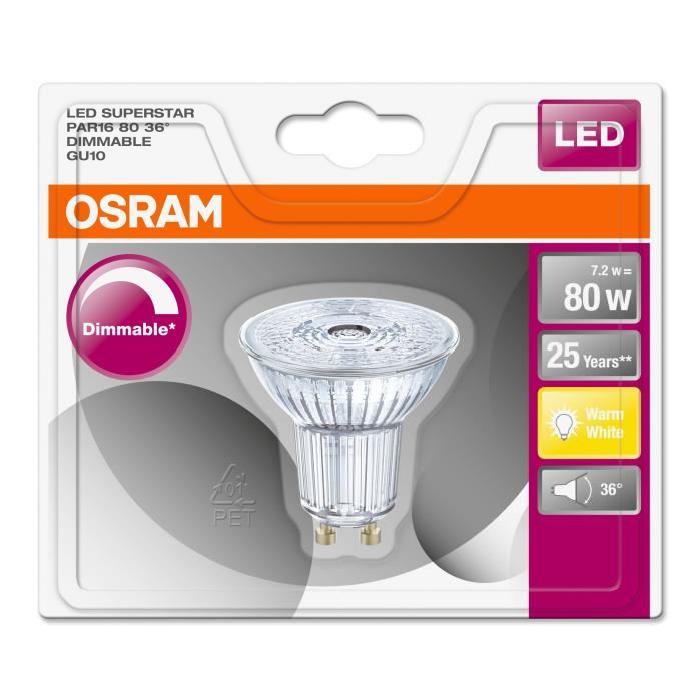 OSRAM Ampoule Spot LED PAR16 GU10 7,2 W équivalent a 80 W blanc chaud dimmable