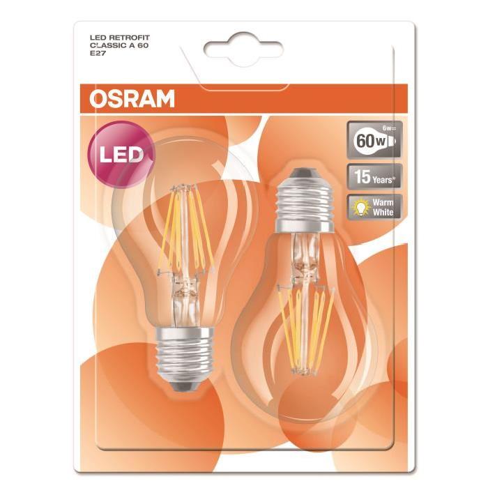 OSRAM Lot de 2 Ampoules LED E27 standard claire 6 W équivalent a 60 W blanc chaud