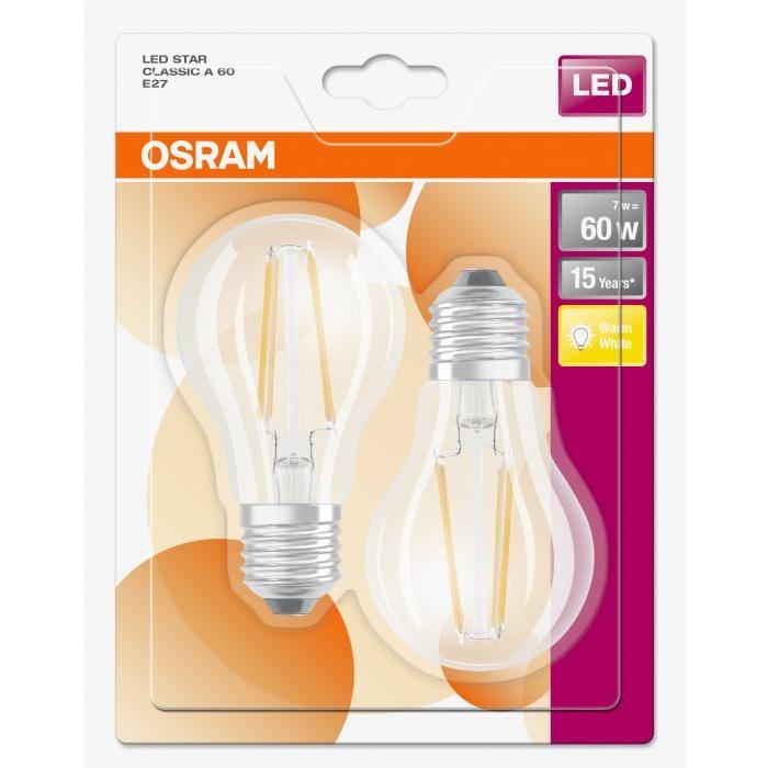 OSRAM Lot de 2 Ampoules LED E27 standard claire 6 W équivalent a 60 W blanc chaud