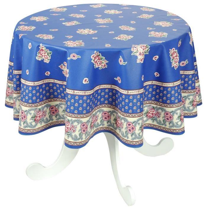 VENT DU SUD Nappe ronde enduite Nais Ř 160 cm dessin placé - Cobalt