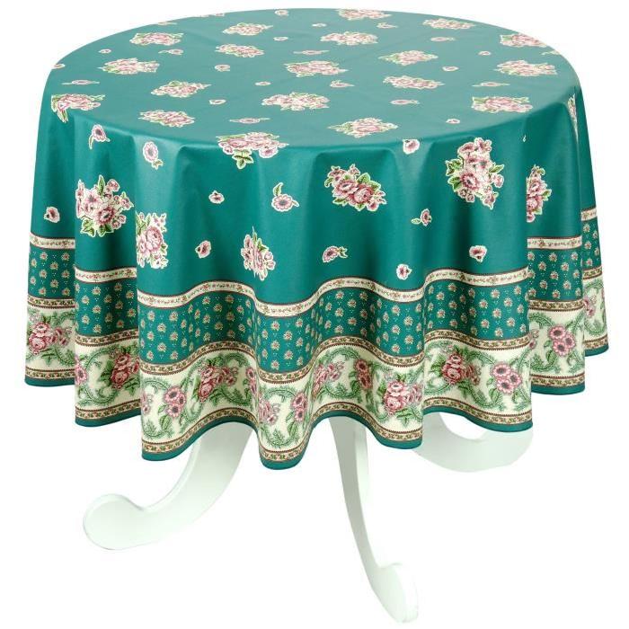 VENT DU SUD Nappe ronde enduite Nais Ř 160 cm dessin placé - Emeraude