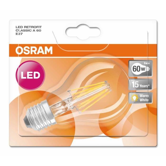 OSRAM Ampoule filament LED E27 6 W équivalent a 60 W blanc chaud