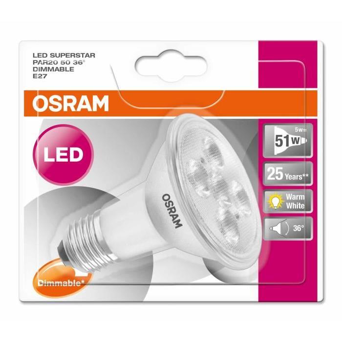 OSRAM Ampoule spot LED E27 PAR20 5 W équivalent a 51 W blanc chaud dimmable variateur