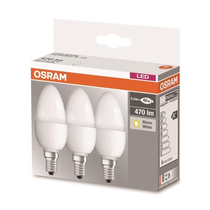 OSRAM Lot de 3 Ampoules LED E14 flamme dépolie 5,3 W équivalent a 40 W blanc chaud