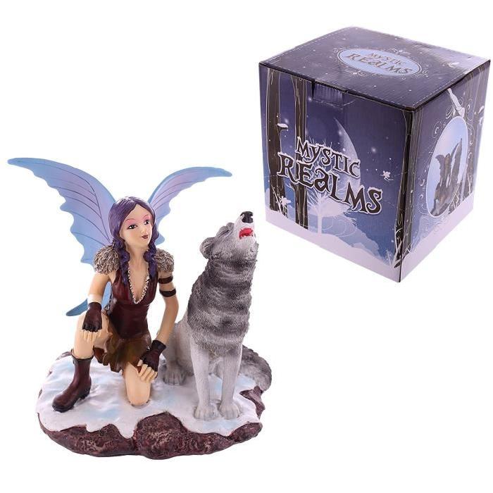 Figurine de  Fée des neiges accroupie avec loup