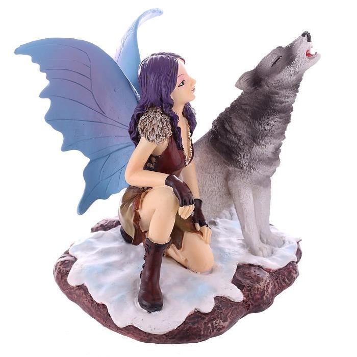 Figurine de  Fée des neiges accroupie avec loup