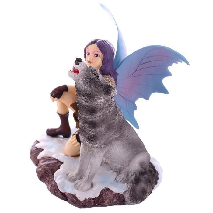 Figurine de  Fée des neiges accroupie avec loup