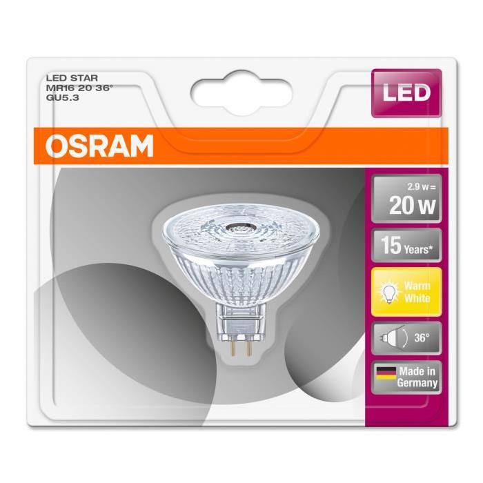 OSRAM Ampoule Spot LED MR16 GU5,3 2,9 W équivalent a 20 W blanc chaud