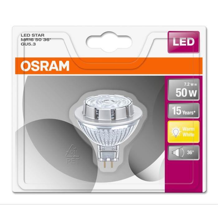 OSRAM Ampoule Spot LED MR16 GU5,3 7,2 W équivalent a 50 W blanc chaud