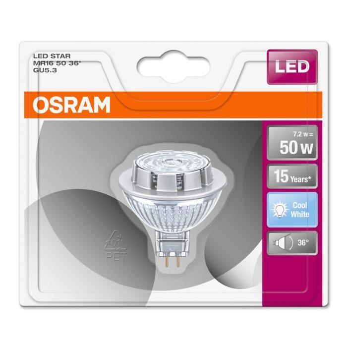 OSRAM Ampoule Spot LED MR16 GU5,3 7,2 W équivalent a 50 W blanc froid