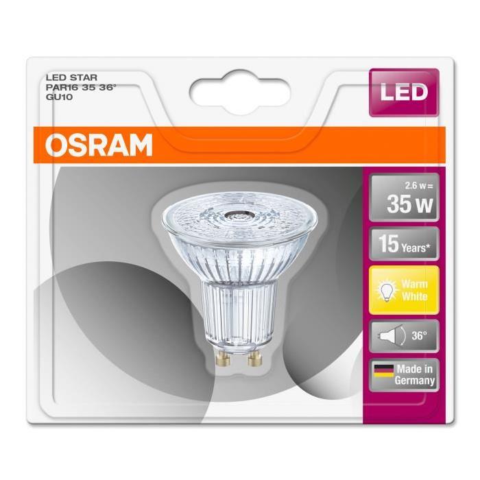 OSRAM Ampoule Spot LED PAR16 GU10 2,6 W équivalent a 35 W blanc chaud