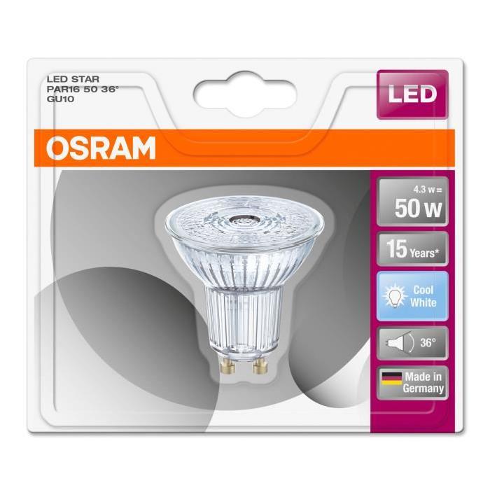 OSRAM Ampoule Spot LED PAR16 GU10 4,3 W équivalent a 50 W blanc froid