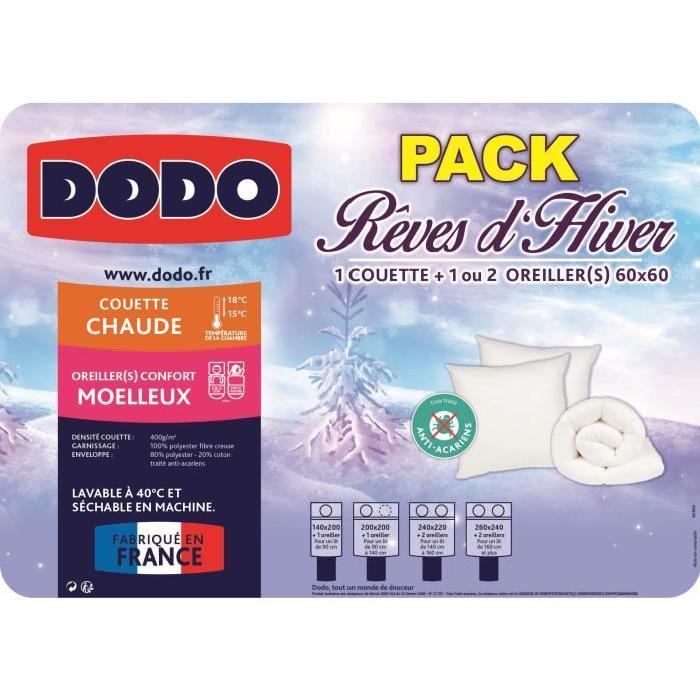 DODO Pack Anti-acariens Reves d'hiver - 1 couette 140x200 cm + 1 oreiller 60x60 cm blanc