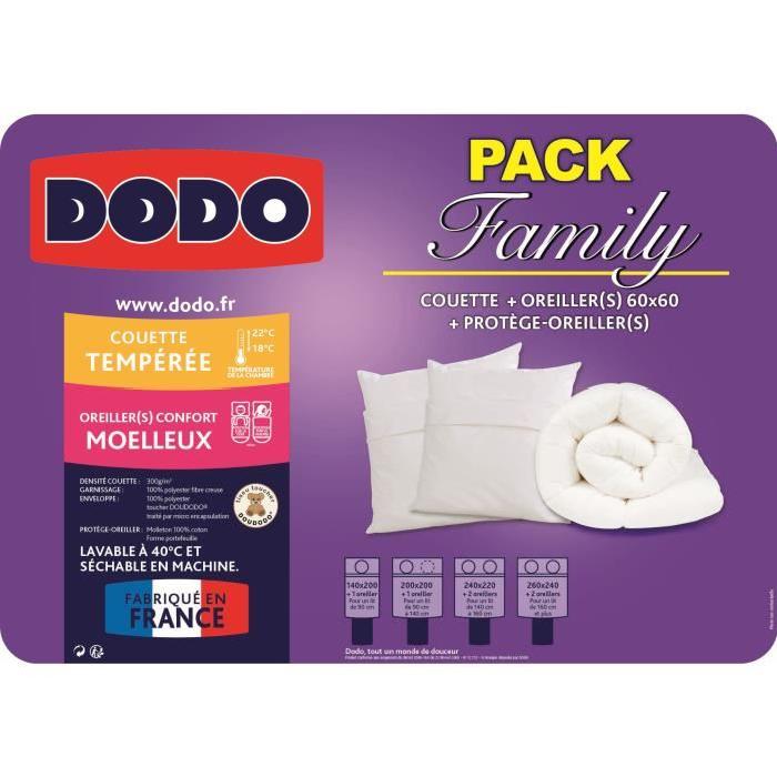 DODO Pack FAMILY : 1 couette 140x200 cm + 1 oreiller 60x60 cm + 1 protege-oreiller blanc