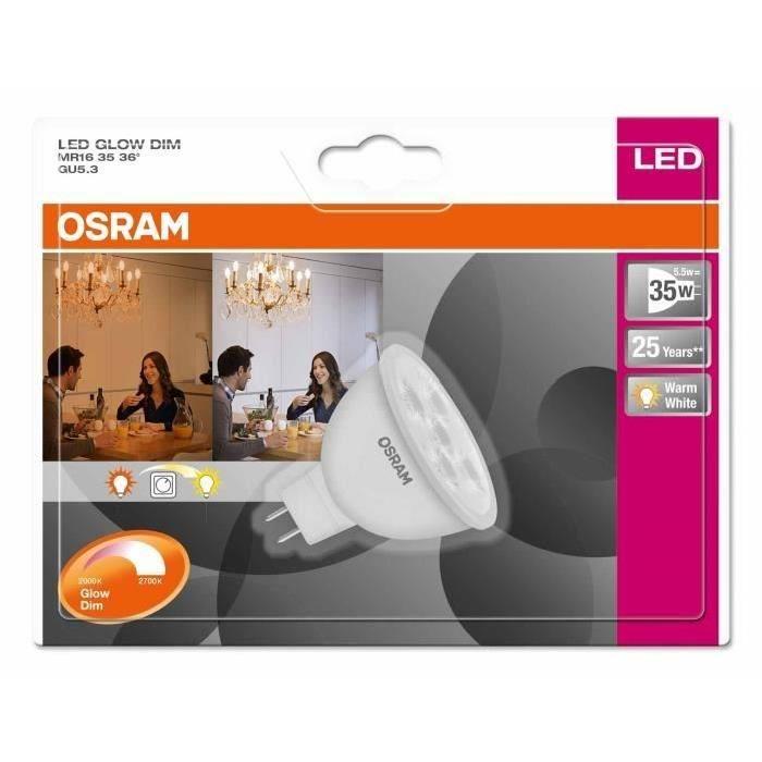 OSRAM Ampoule spot LED GlowDim GU5,3 6 W équivalent a 35 W dimmable variateur blanc chaud