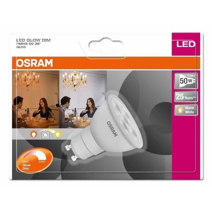 OSRAM Ampoule spot LED GlowDim GU10 6 W équivalent a 50 W dimmable variateur blanc chaud