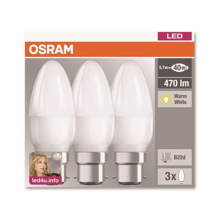 OSRAM Lot de 3 Ampoules LED B22 flamme dépolie 5,7 W équivalent a 40 W blanc chaud