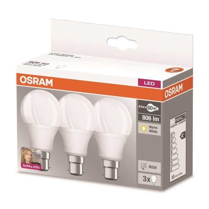 OSRAM Lot de 3 Ampoules LED B22 standard dépolie 9,5 W équivalent a 60 W blanc chaud