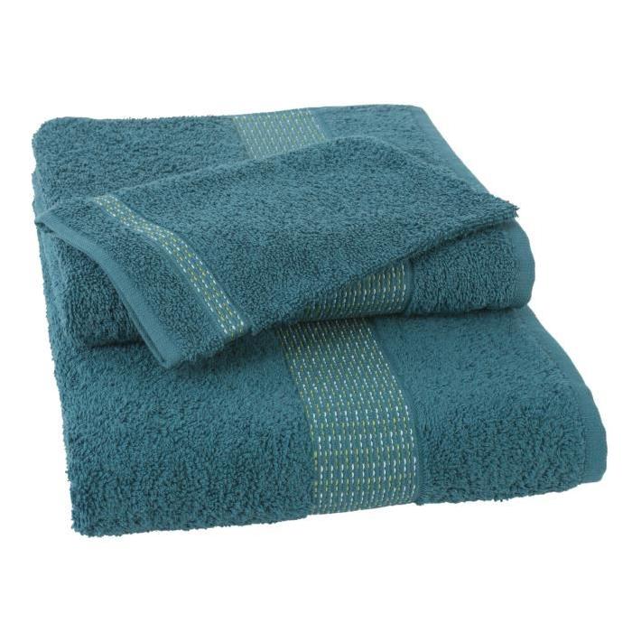 JULES CLARYSSE Lot de 1 serviette + 1 drap de bain + 1 gant de toilette Jasmine - Bleu Petrol