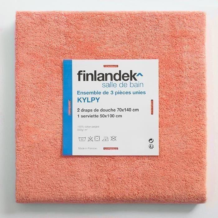 FINLANDEK Set de 2 Draps de douche 70x140 cm + 1 serviette de toilette 50x100 cm KYLPY corail