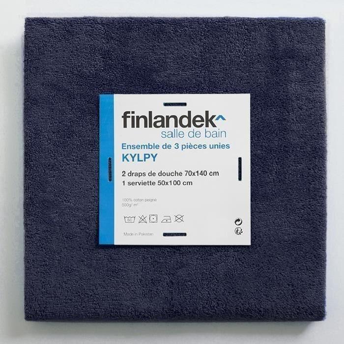 FINLANDEK Set de 2 Draps de douche 70x140 cm + 1 serviette de toilette 50x100 cm KYLPY bleu marine