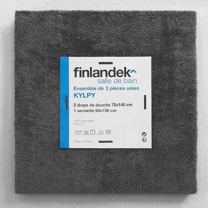 FINLANDEK Set de 2 Draps de douche 70x140 cm + 1 serviette de toilette 50x100 cm KYLPY anthracite