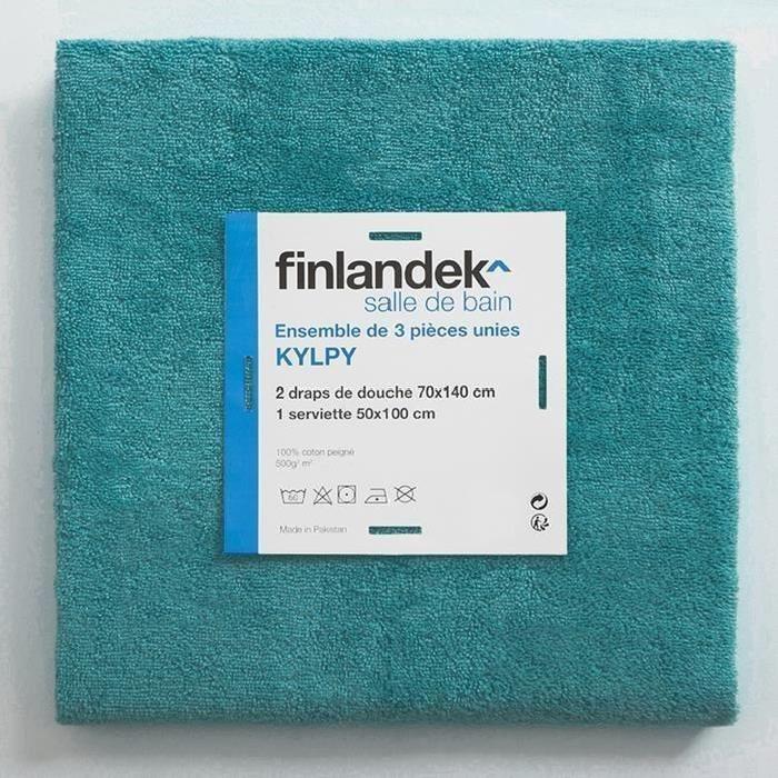 FINLANDEK Set de 2 Draps de douche 70x140 cm + 1 serviette de toilette 50x100 cm KYLPY bleu pétrole