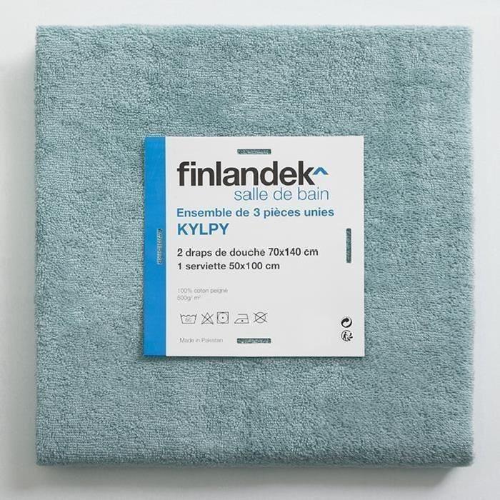 FINLANDEK Set de 2 Draps de douche 70x140 cm + 1 serviette de toilette 50x100 cm KYLPY vert de gris