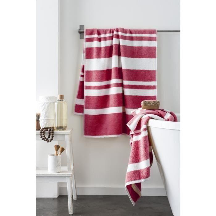 FINLANDEK Set de 2 Draps de douche KYLPY 70x140 cm rayures framboise et blanc