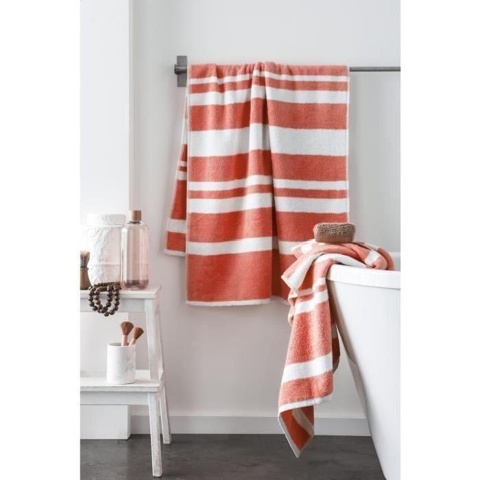 FINLANDEK Set de 2 Draps de douche KYLPY 70x140 cm rayures corail et blanc