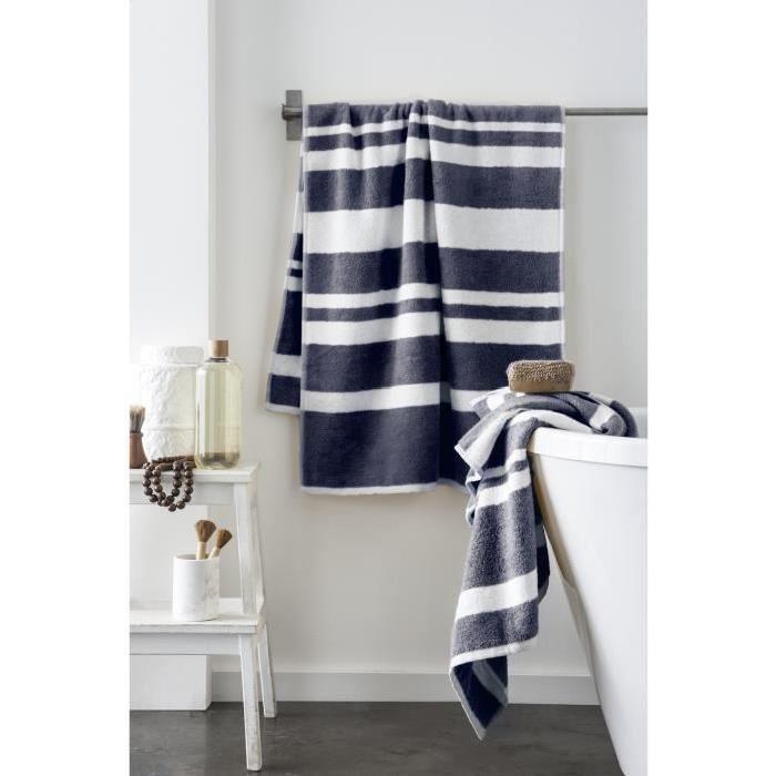 FINLANDEK Set de 2 Draps de douche KYLPY 70x140 cm rayures bleu marine et blanc