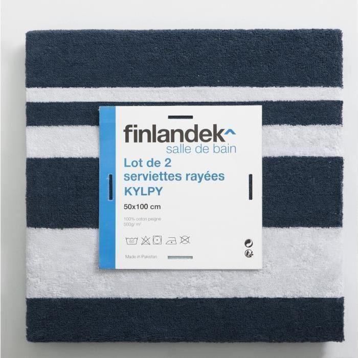 FINLANDEK Set de 2 Draps de douche KYLPY 70x140 cm rayures bleu marine et blanc