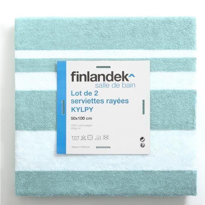 FINLANDEK Set de 2 Draps de douche KYLPY 70x140 cm rayures vert menthe et blanc