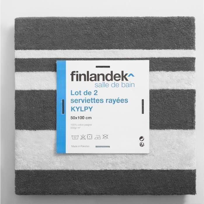 FINLANDEK Set de 2 Draps de douche KYLPY 70x140 cm rayures anthracite et blanc