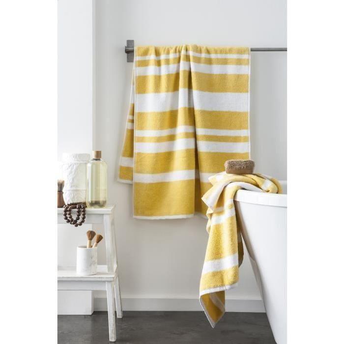 FINLANDEK Set de 2 Draps de douche KYLPY 70x140 cm rayures jaune moutarde et blanc