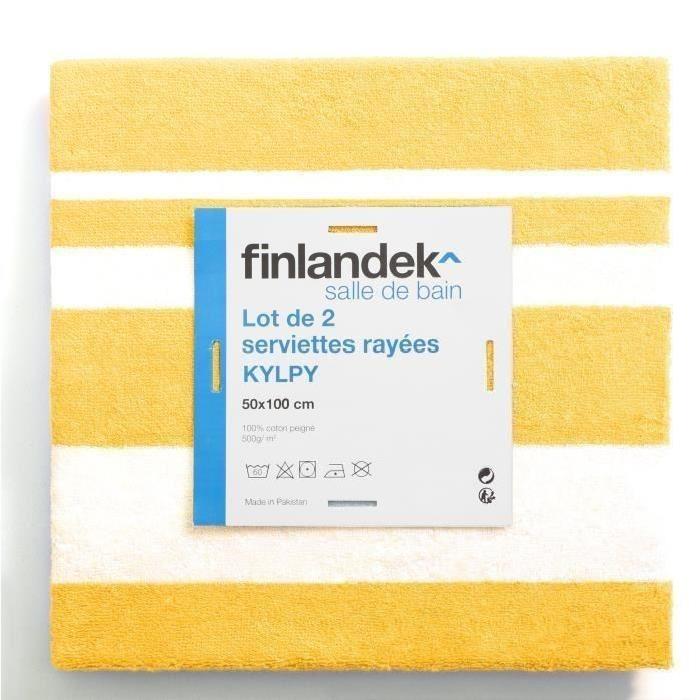 FINLANDEK Set de 2 Draps de douche KYLPY 70x140 cm rayures jaune moutarde et blanc