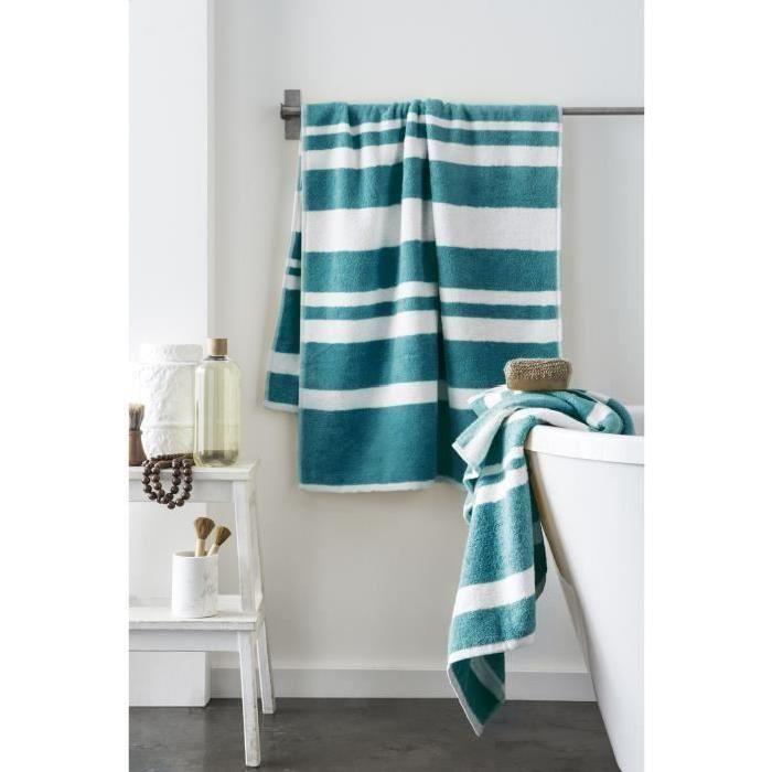 FINLANDEK Set de 2 Draps de douche KYLPY 70x140 cm rayures bleu pétrole et blanc