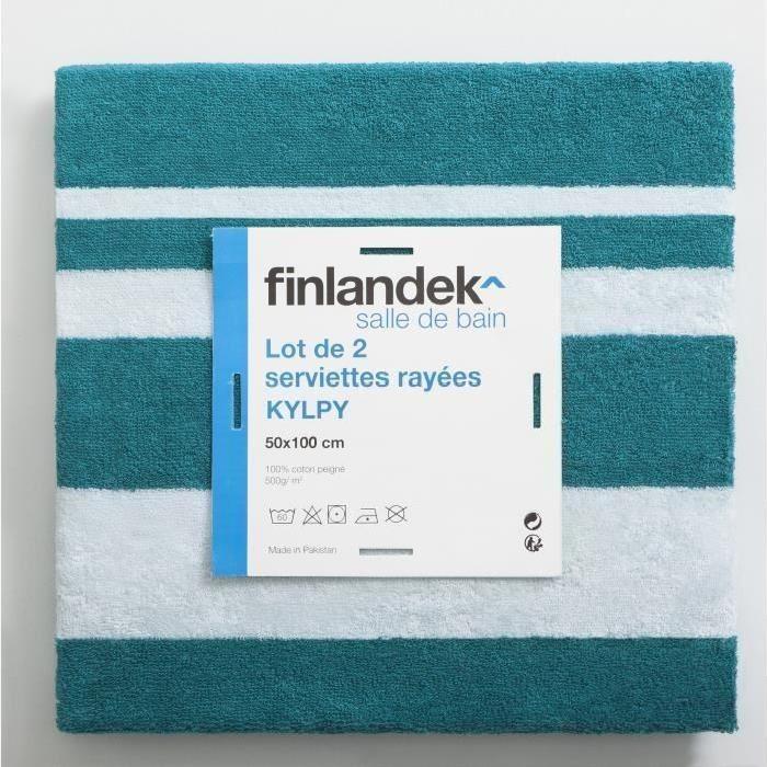 FINLANDEK Set de 2 Draps de douche KYLPY 70x140 cm rayures bleu pétrole et blanc