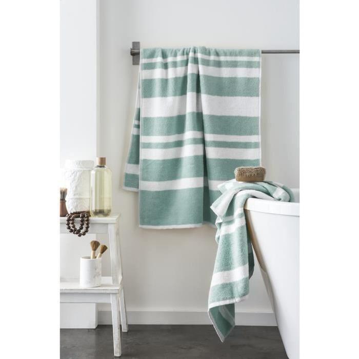 FINLANDEK Set de 2 Draps de douche KYLPY 70x140 cm rayures vert de gris et blanc