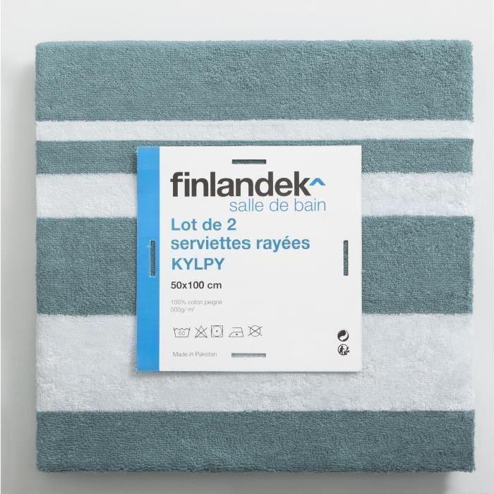 FINLANDEK Set de 2 Draps de douche KYLPY 70x140 cm rayures vert de gris et blanc